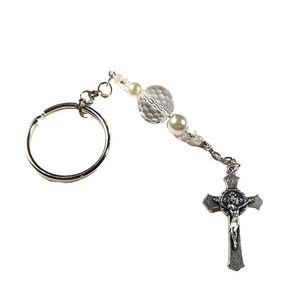 Cross beaded Keychain Clear Plastic Beads Silver Tone